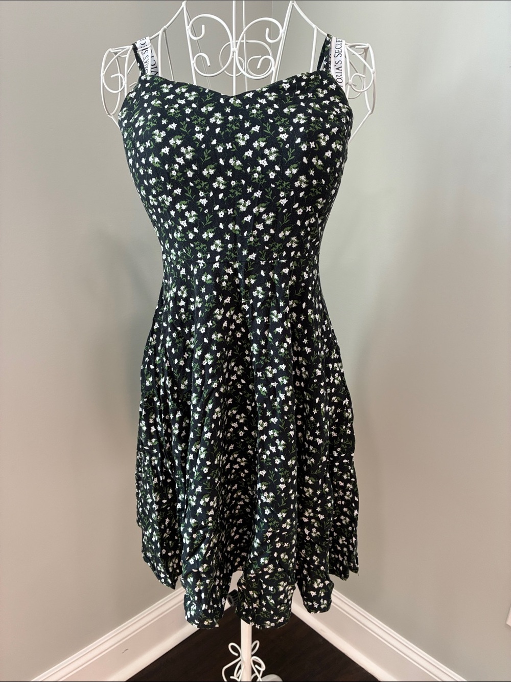 Old Navy Black Floral Mini Dress with White & Green Flowers